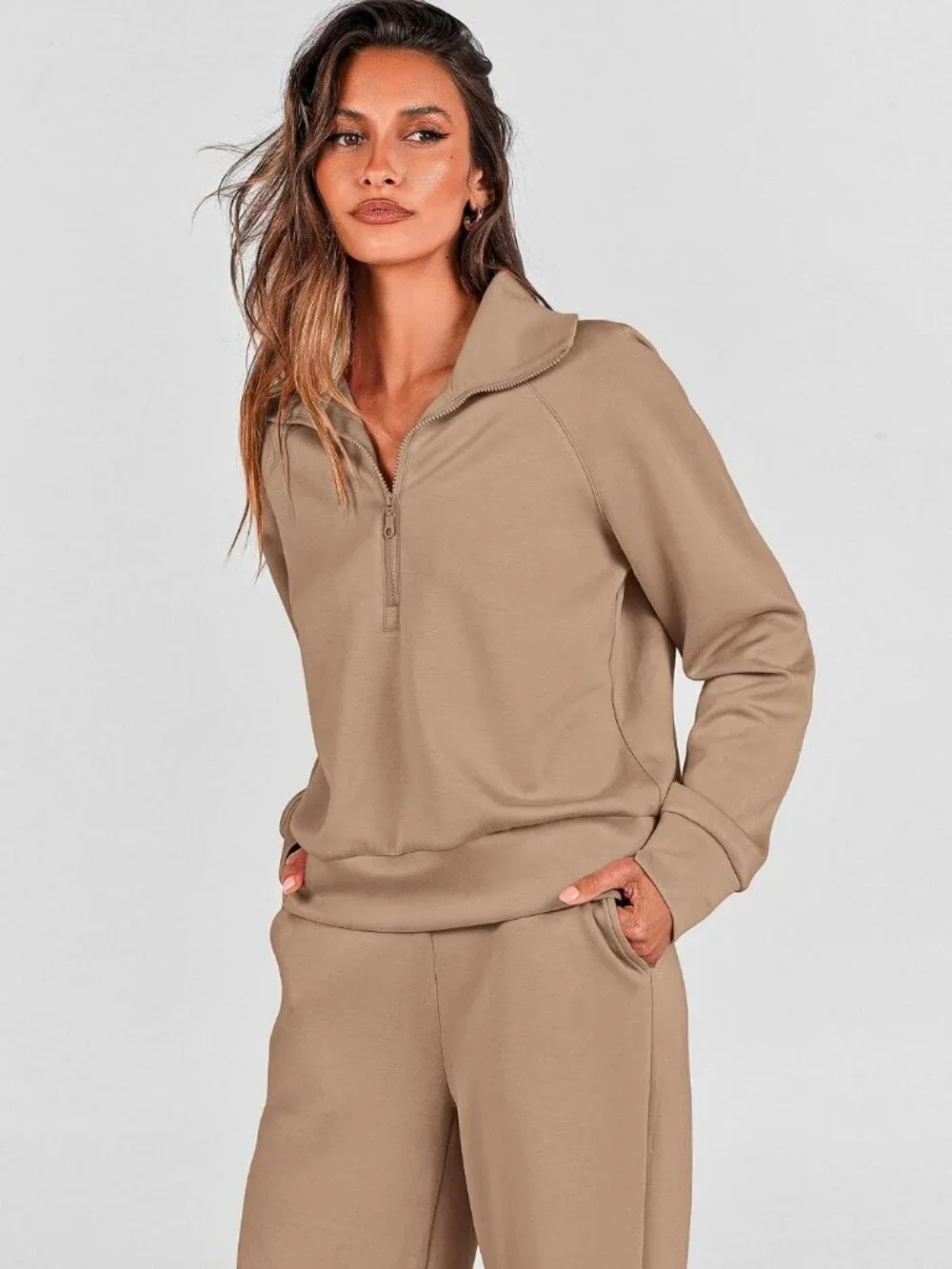 PRETTYGARDEN 2 Piece Lounge Set Sweatsuit Khaki L